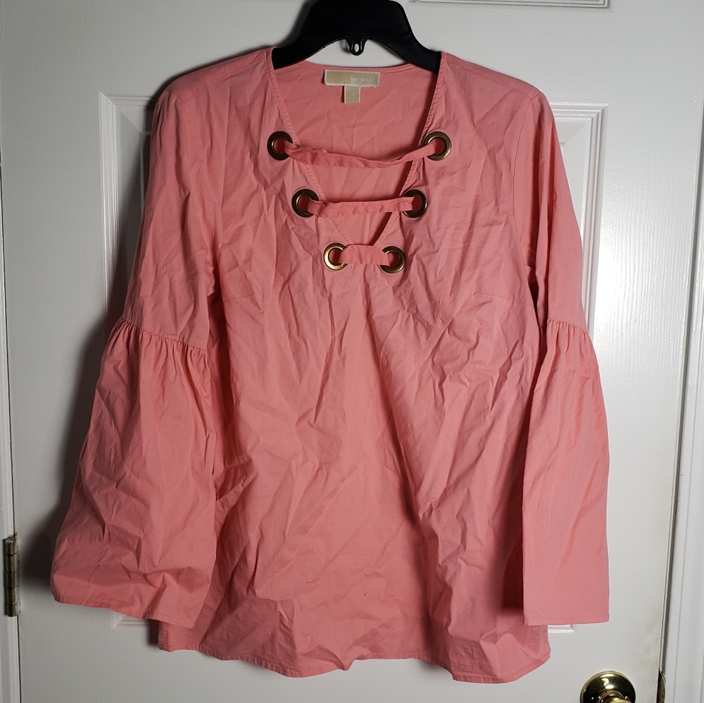 Michael Kors Peach Color Lace Up Front Long Bell Sleeve Blouse